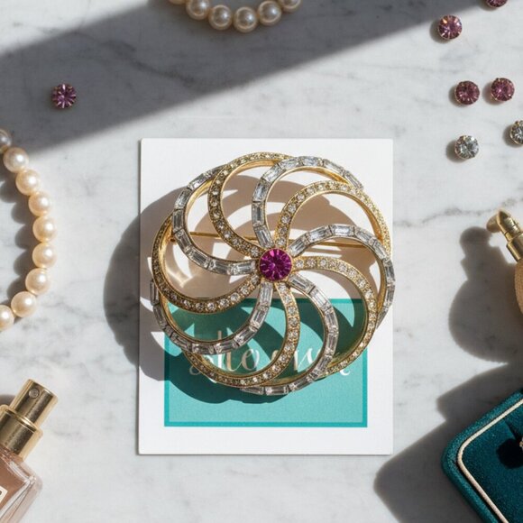 Vintage Lord & Taylor Gold Blush Pink Crystal Brooch - Elegant Statement Piece - Picture 1 of 5